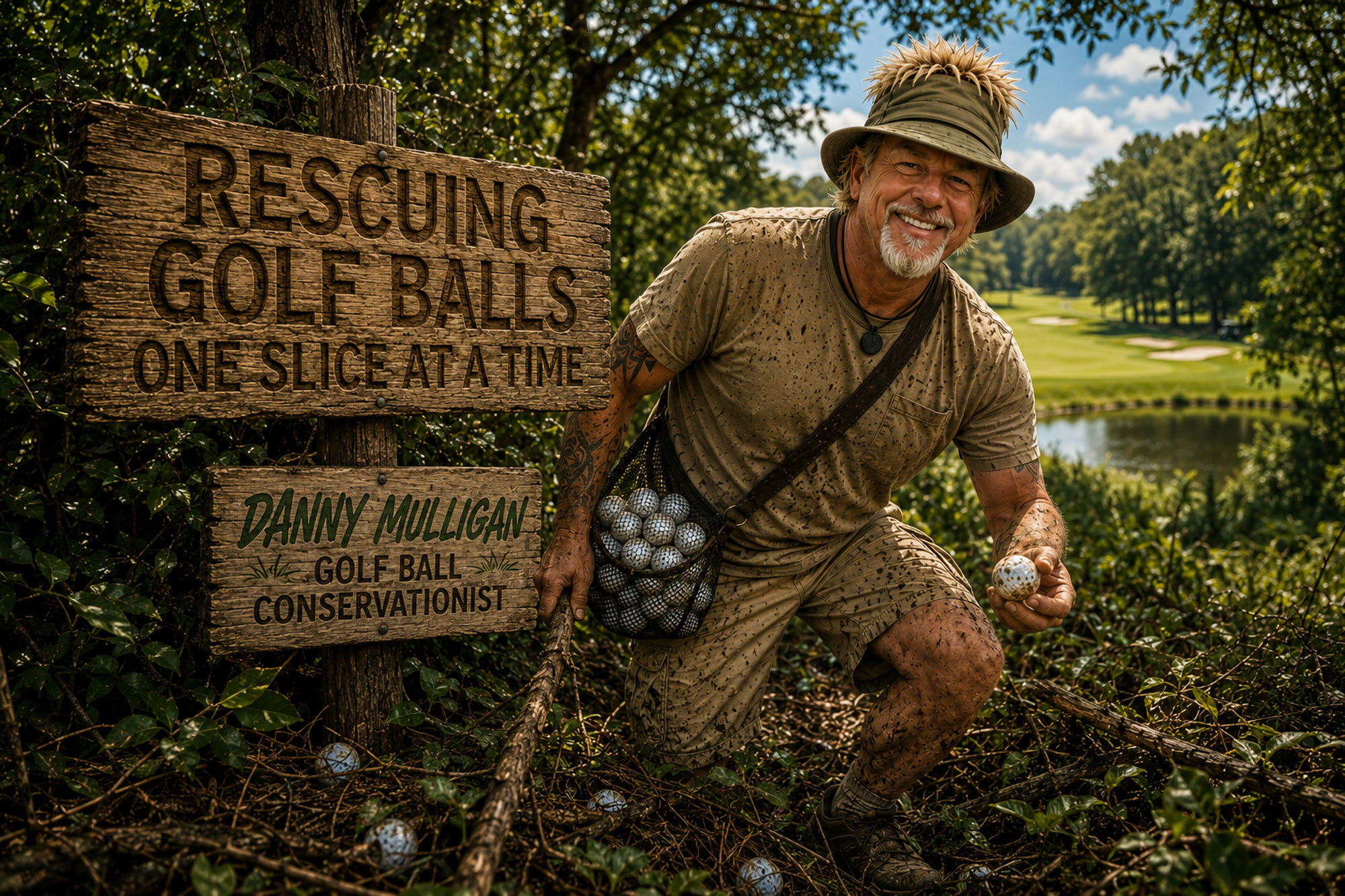 Danny Mulligan crouched beside his hand-carved 'Rescuing Golf Balls' signs, a mesh bag of recovered balls slung across his chest, on a sunlit golf course