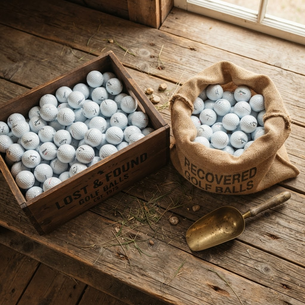 A wooden crate overflowing with clean recovered golf balls